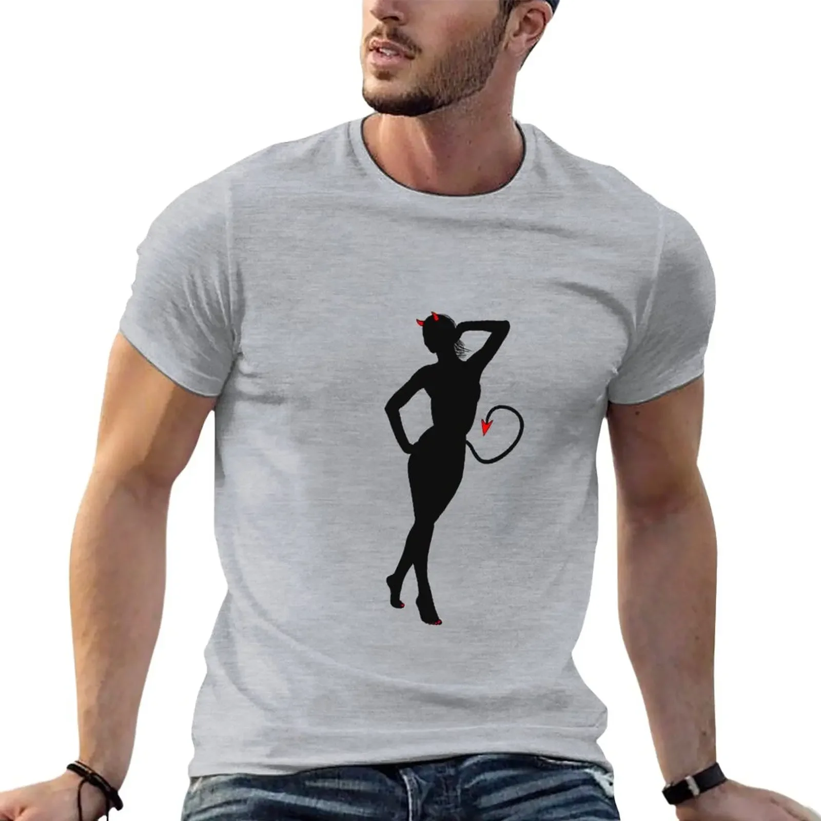 

Black sensual silhouette of devil with red horns Halloween T-Shirt man clothes plain t shirts men