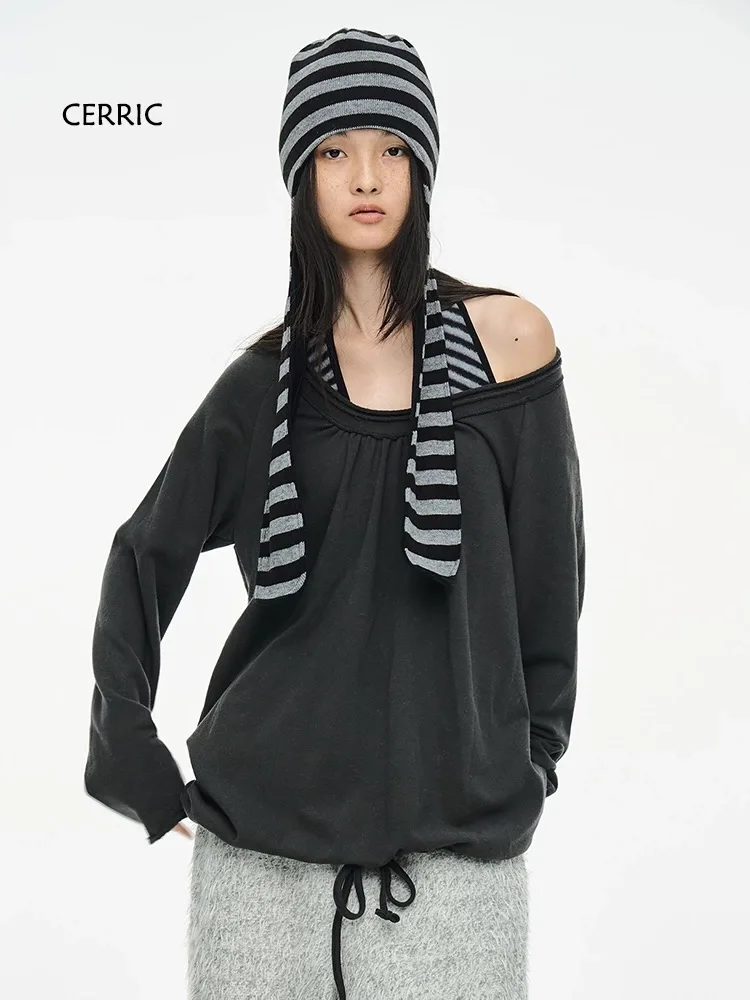 

Korean Style Loose Shoulder Insert Sleeve Long Sleeve Top Can Be Shoulder Exposure CERRIC Oblique Shoulder Drawstring Loose Fit