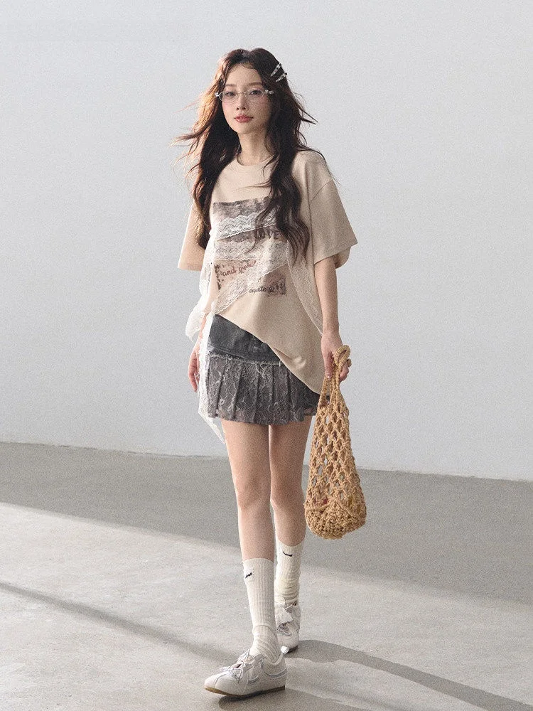 

Sweet And Spicy Retro Print Short Sleeve T-Shirt And Skirt Set Women's Summer Fashion Loose Fit round Neck Two Piece Outfit