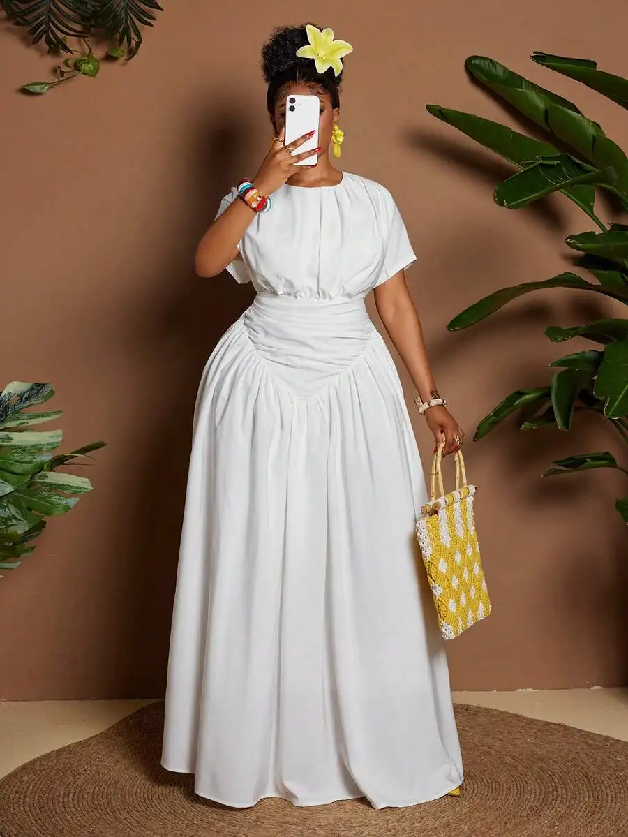 

Элегантное плиссированное платье макси больших размеров с круглым вырезом и короткими рукавами для вечеринок и отпуска