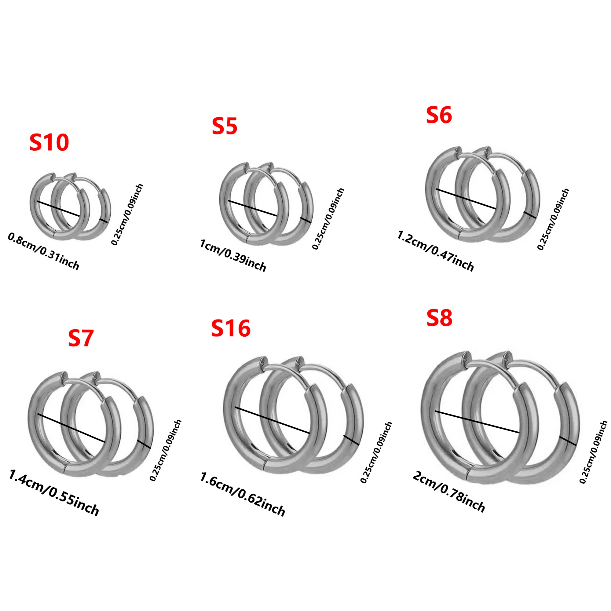 6pcs Stainless Steel Hoop Earrings Unisex Punk Easy Fashion Steel Color Jewelry Piercing Accessories 0.25cm Wide