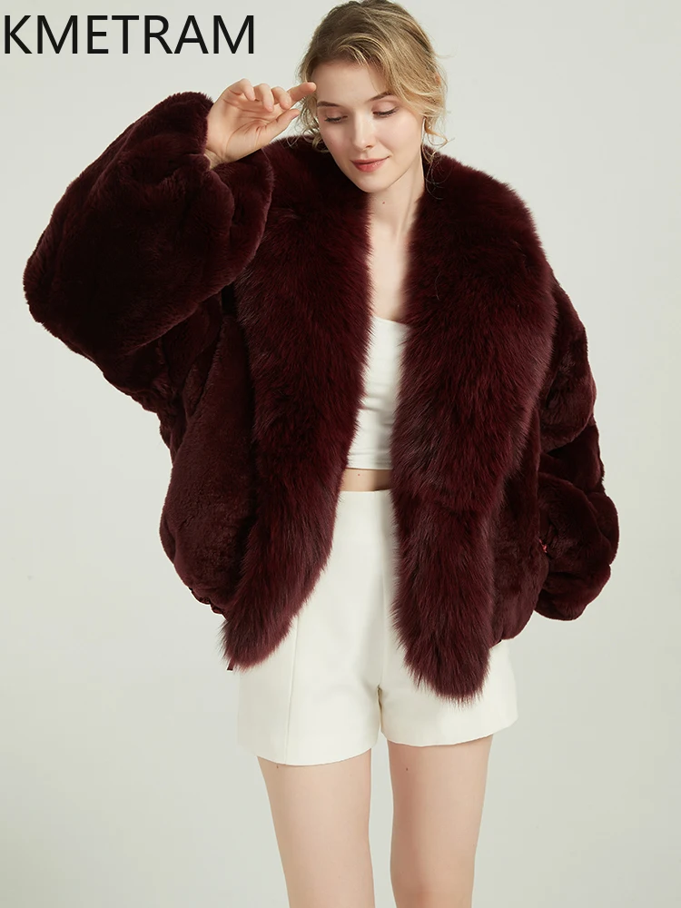 KMETRAM-abrigos de piel de conejo Rex Natural para mujer, Parka de doble cara, chaqueta, cuello de piel de zorro corto de invierno, 2025
