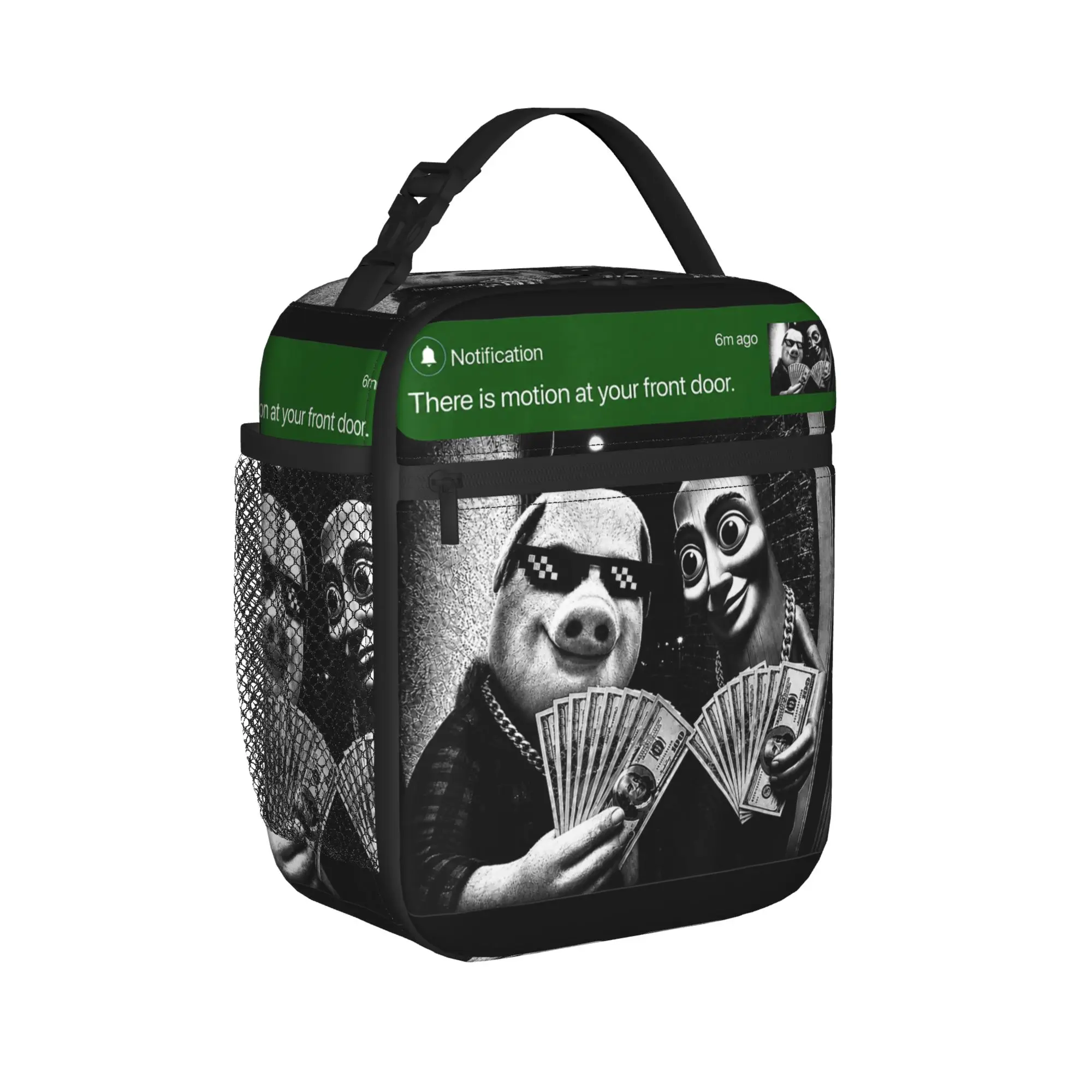 John Pork and Tung Tung Tung Sahur Front Door Motion Lunch Bag For Women Lunch Box Travel Cooler Bag Portable Oxford Lunch Bags