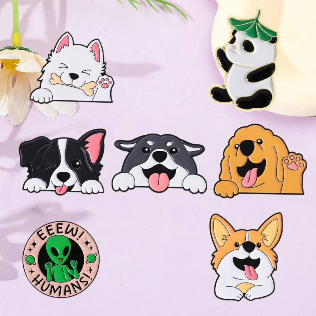 Cute Pet Dog Animal Enamel Pin Cartoon Golden Retriever Border Collie Brooch Clothing Shirt Lapel Badge Jewelry Gift For Friend