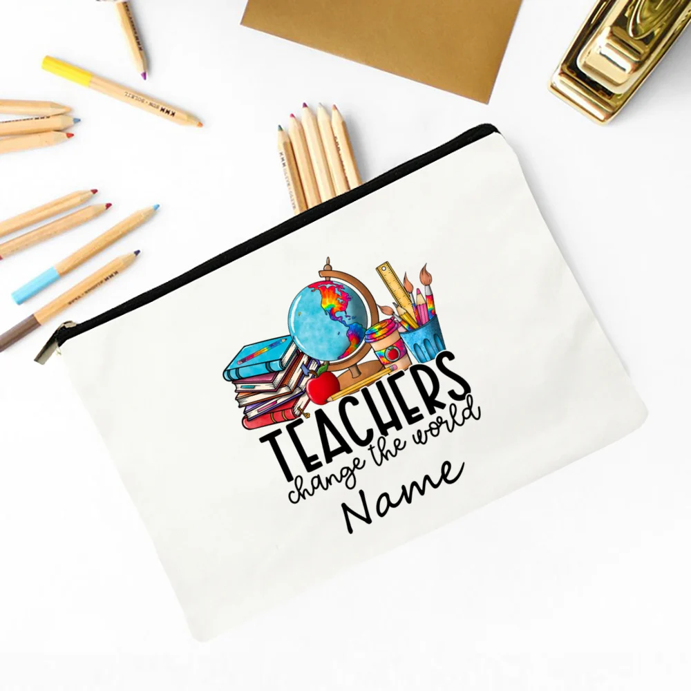 Personalized Custom Name Teacher Change The World Pencil Case Stationery Supplies Storage Bags Travel Wash Pouch Makeup Bag Gift