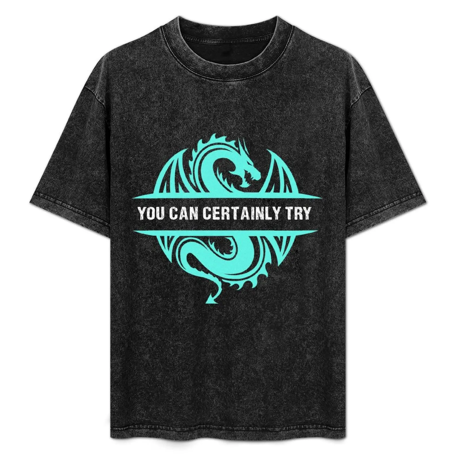 You Can Certainly Try - Vintage Cyan Blue Dragon T-Shirt Casual Pattern Print Tee Shirt