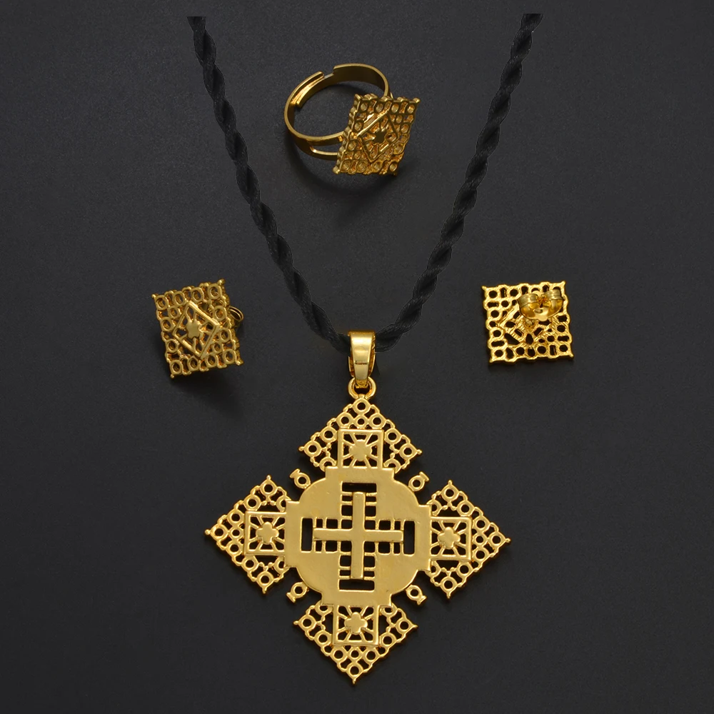 Anniyo Ethiopian Cross Necklace Earrings Ring Sets African Eritrean Traditional Religious Ornaments @341506