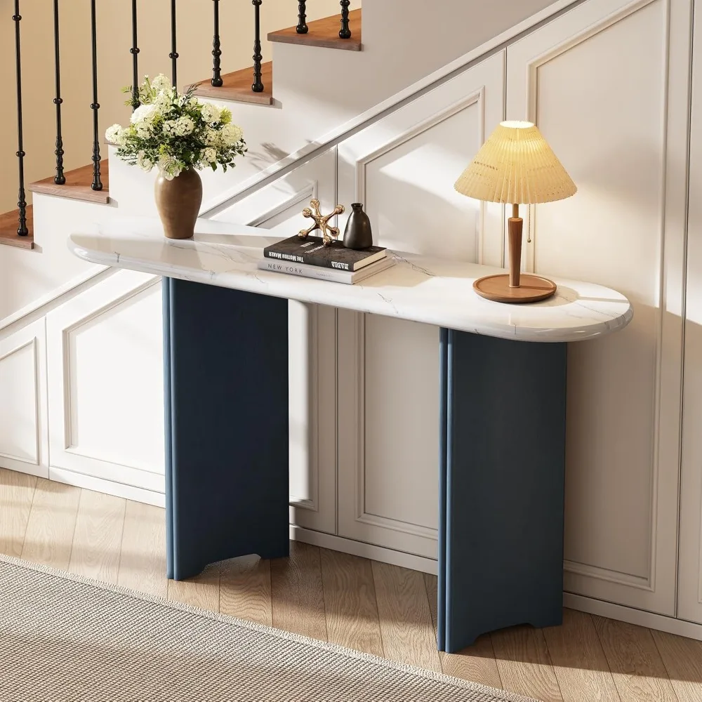 

Rustic Narrow Console Table with Oval Faux Marble Top, Accent Sofa Tables with Curved Triangular Rubber Wood Base