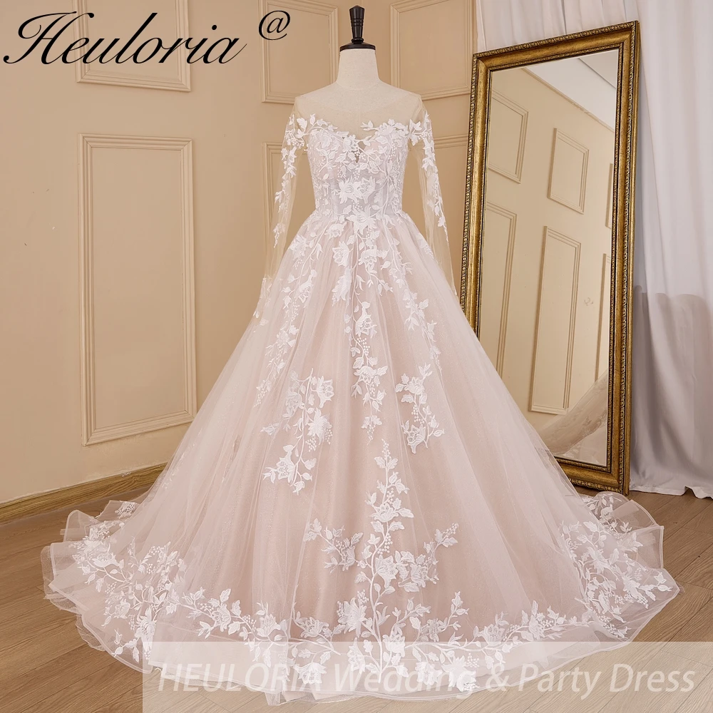 

HEULORIA vintage princess Wedding Dress long sleeve lace bride dress with shinny gliter tulle blush plus size robe de mariee