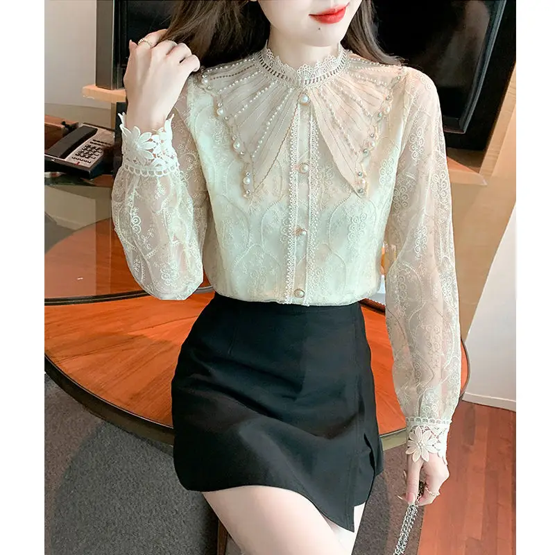 2024Women\'s New Fashion Elegant Solid Button Lace Casual Comfortable and Versatile Long Sleeve Slim Fit Chiffon Shirt Tops