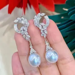 MJ Fine Jewelry 925 Sterling Silver Oval to Round 10-11mm Nature Fresh Water White Pearls Drop Dangle Earrings Present
