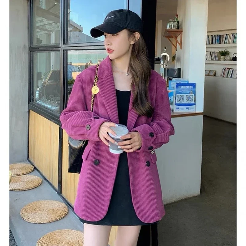 Corduroy Blazers Women Solid Color Long Sleeve Double-breasted Notched Loose Office Lady Suits Versatile Daily Short Coat Female