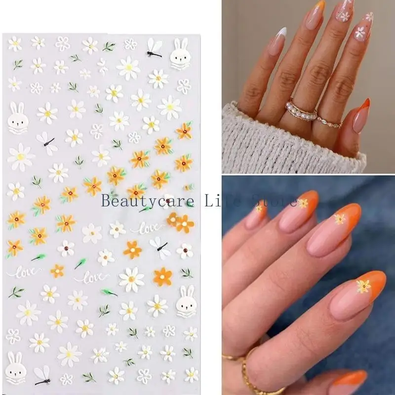 652C 4 Sheets 5D Flower Nails Art Stickers Self-Adhesive Decals Flower Nails Stickers with Tweezer Nails Art Decorations
