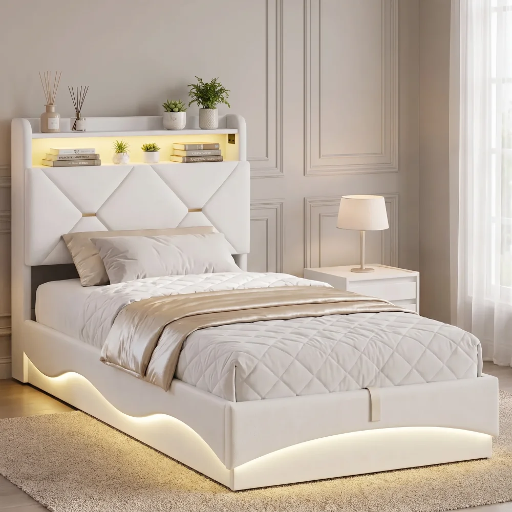 Letto con contenitore Simurq, 90x200 cm, letto singolo, meccanismo a gas idraulico, testiera imbottita con vano contenitore, struttura a doghe, finitura a rombi, velluto, color beige.