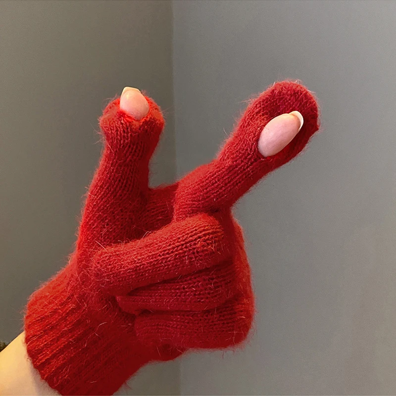 Luvas femininas de malha sólida outono inverno mão quente engrossar pulso curto feminino luvas de dedos completos inverno equitação esqui luvas