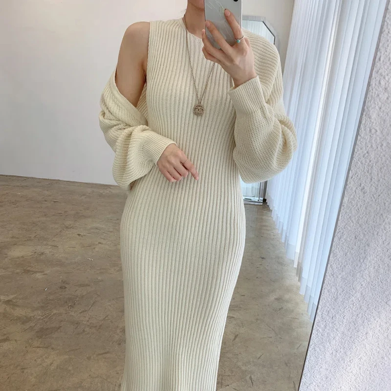 Autumn and Winter New Mid-length Two-piece Knitted Dress Ladies Sexy Package Hip Knitted Dress Set Sweater Inner Wear Outer Wear