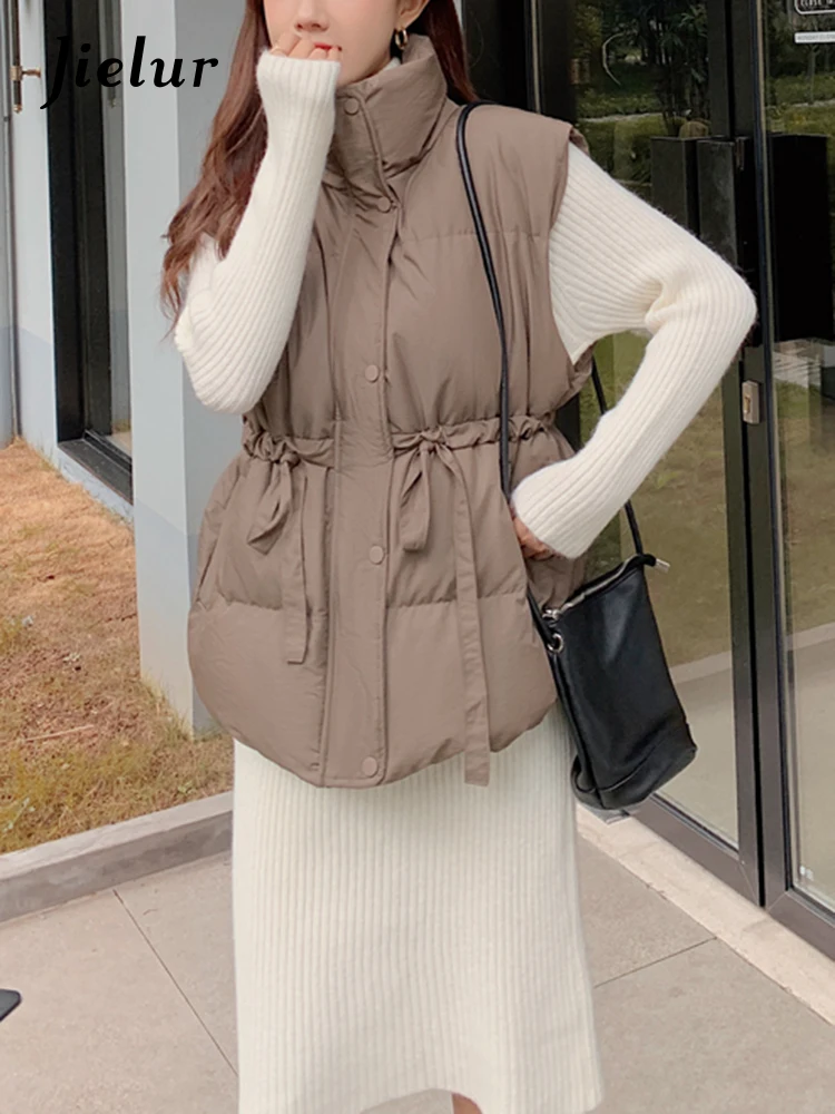 

Jielur Winter Solid Color Drawstring Loose Cotton Vest Jacket Women's Waistcoat Sleeveless Outerwear Casual Apricot Parkas