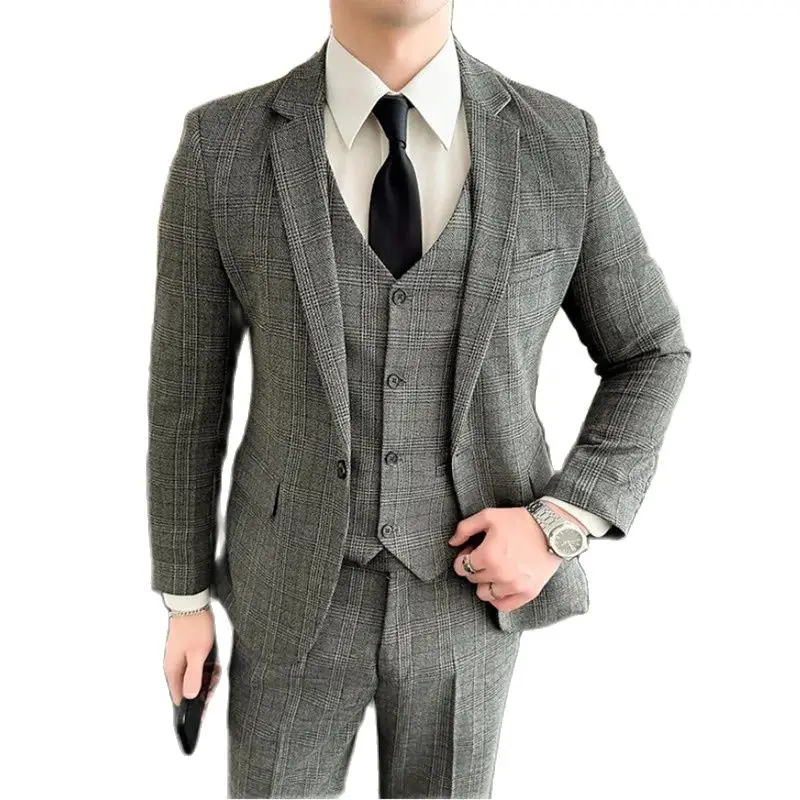 The main fashion new slim-fit plaid suit + waistcoat + dress pants handsome business casual wedding three-piece men\'s clothing