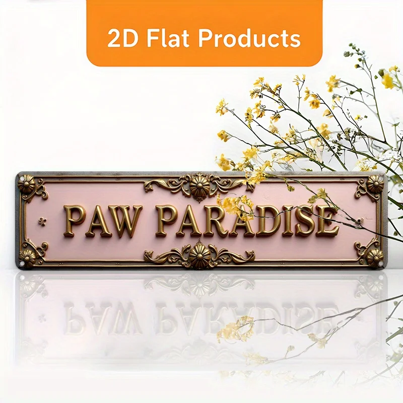 This Is a 2D Flat Vintage Aluminum Sign That Reads 'PAW PARADISE'. It Serves As an Elegant Wall Art Plaque with Dimensions