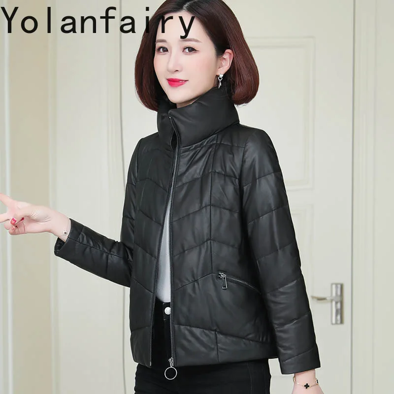 YOLANFAIRY Genuine Leather Sheepskin Outwears Winter Short Down Coats Stand Collar Womens Jacket Slim Plus Size Jaqueta Feminina