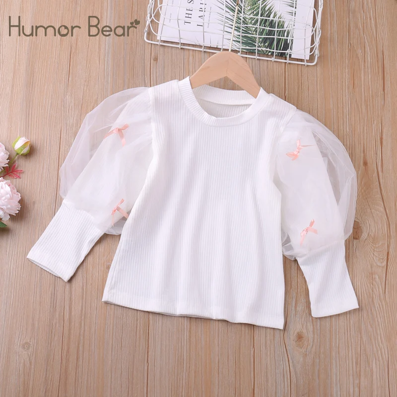 

Humor Bear Girls' Top Shirt Spring Autumn Puff-Sleeve Fashion Top Mesh Yarn Patchwork Children Princess Clothing