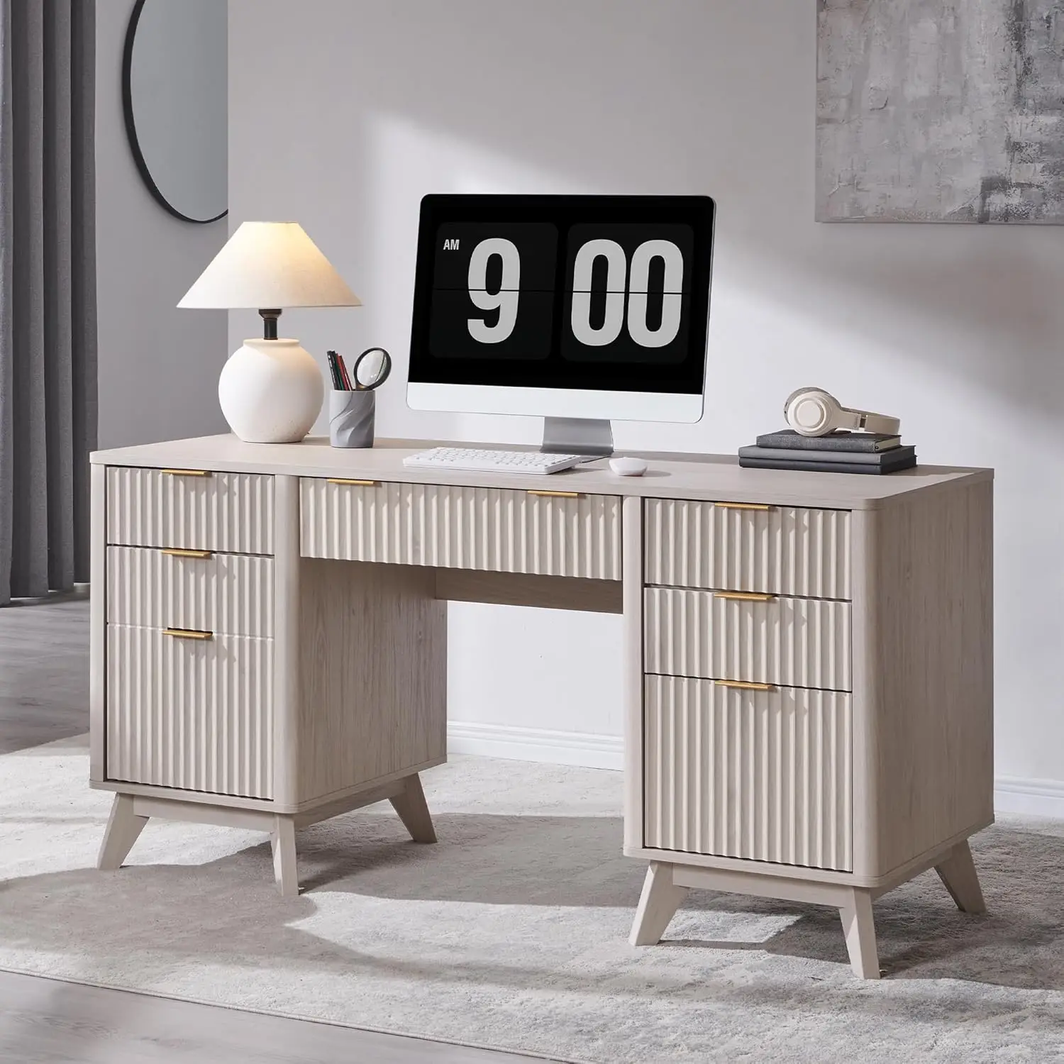 

Modern Fluted Executive Desk with Drawers, 60" Home Office Computer Desk with Charging Station & Keyboard Tray,, Customized