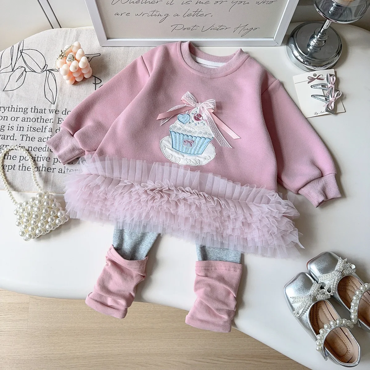 Ins Autumn Children Girls 2PCS Clothes Set Cake Printed Gauze Hem Pink Sweatshirt Outfits Spliced Kids Baby Girls Leggings Suits