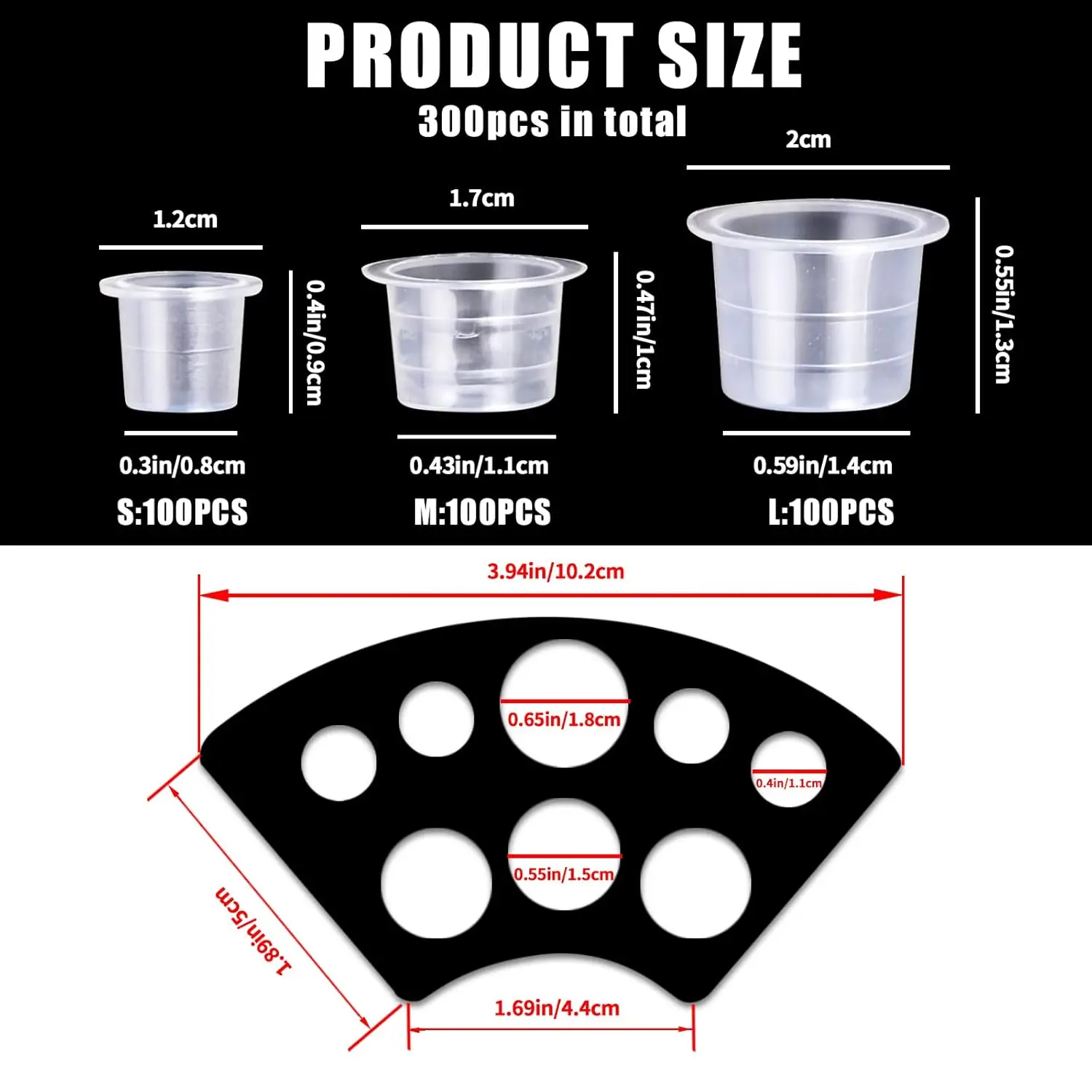 302PCS Tatoo Ink Caps Kit, Include 300 Tatoo Ink Cups Mixed Size and 2 Ink Cap Holder for Tatoo Ink Tatoo Accessory Tatoo Suppli