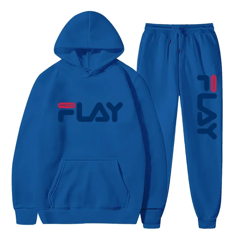 Conjunto de moletom com capuz e calças com estampa de letras para primavera e outono, novo conjunto de roupas esportivas casuais para homens e mulheres