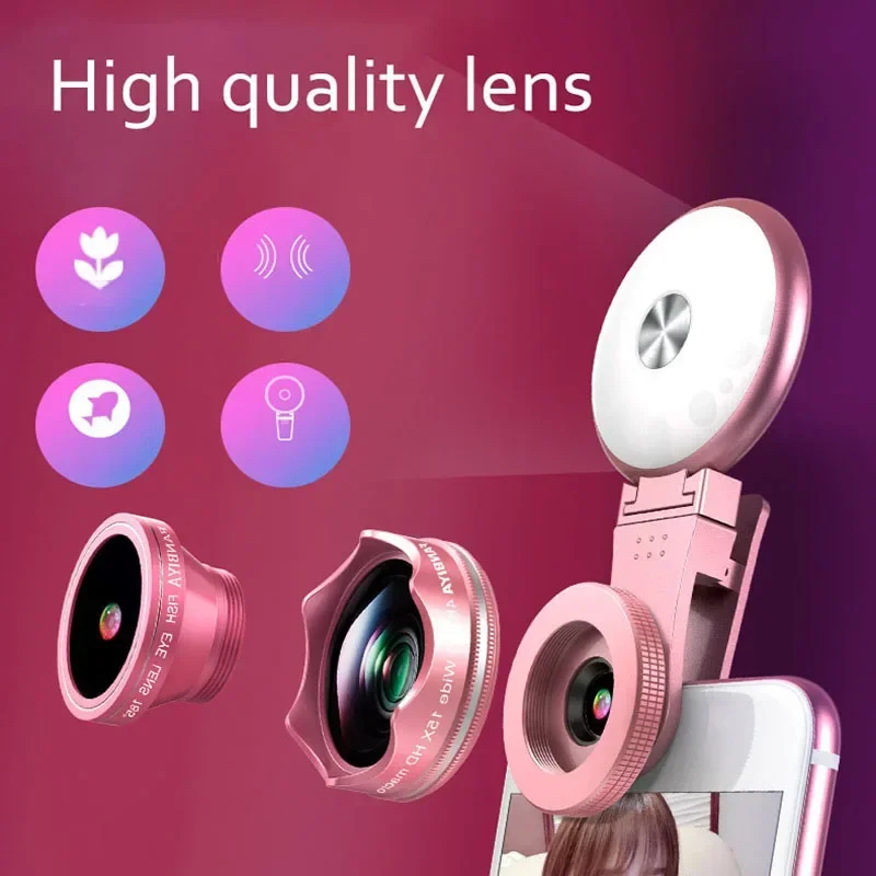 4 in 1 Phone Camera HD 150° Super Wide Angle Professional Lens With Fill Light 15x Macro Camera Photo For All Smartphones