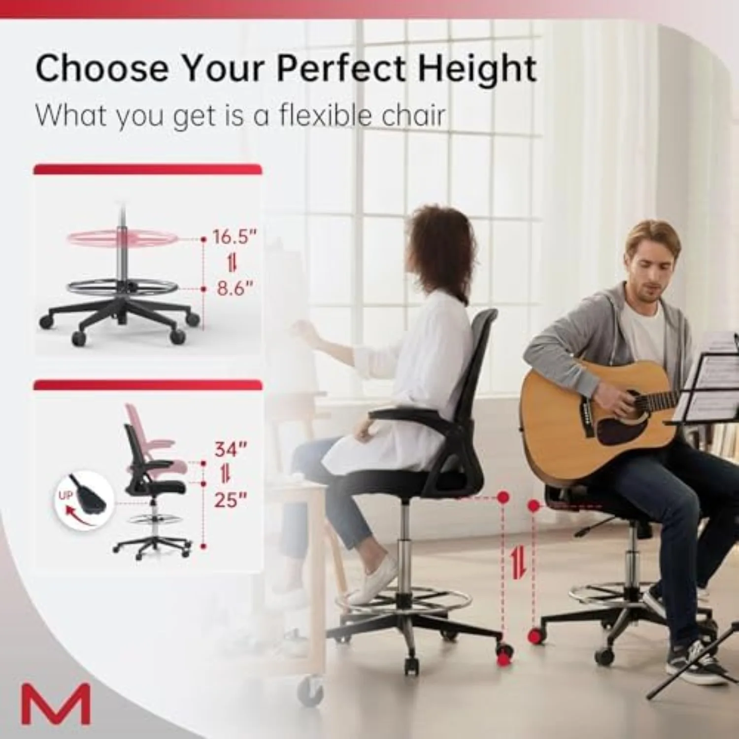 Drafting Chair, Tall Office Chair,Counter Height Desk Chair | Ergonmic Lumbar Support, Flip up Armrests,Adjustable