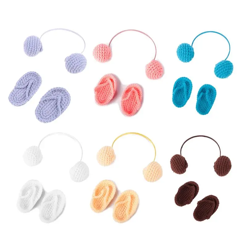 

2 Pcs/Set Crochet Slippers Pants Photography Props for 0-2 Month Babies Month Props Slippers + Earpiece 5 Colors K5DD