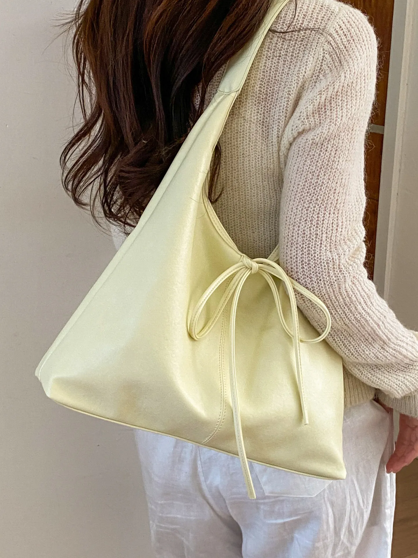 Solid Color Large Capacity Women Shoulder Bag Spring Summer Korean Style Bowknot PU Tote Bags Casual Commuting Zipper Handbags