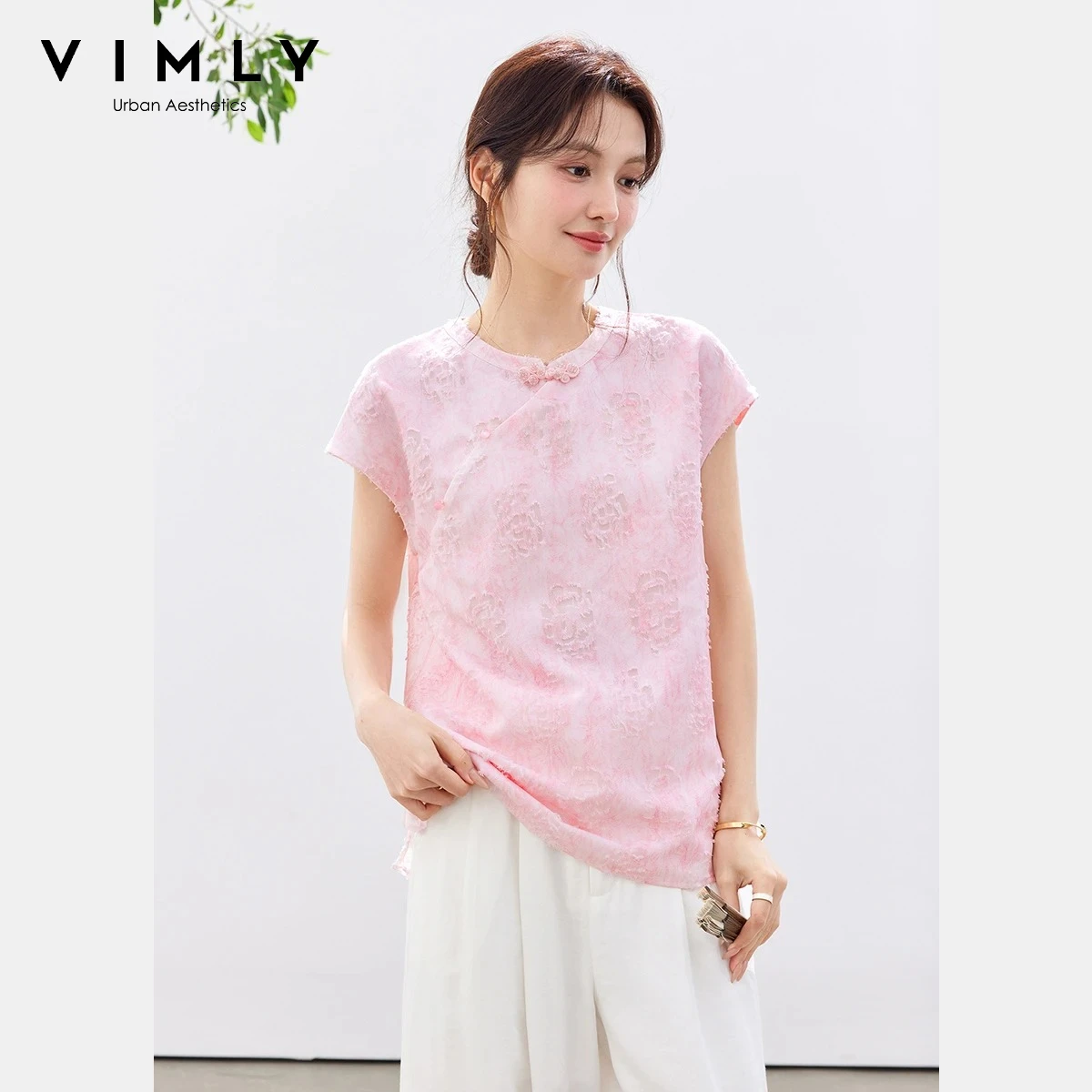 VIMLY Elegant Mandarin Collar Women's Shirt 2026 Summer New Chinese Frog Button Brocade Cut Loose Short Sleeve Blouse A6268