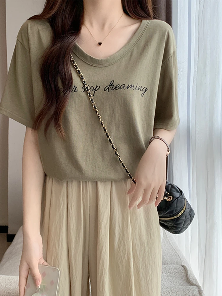 V-neck letter printed short sleeved T-shirt for women's summer thin loose fitting top