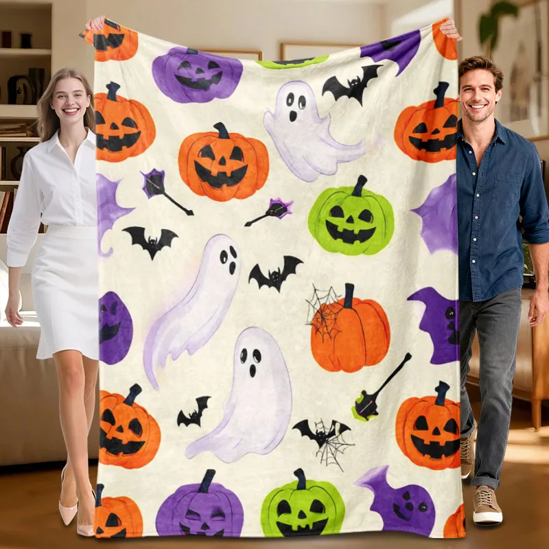 قطعة واحدة من بطانية الفانيلا متعددة الألوان بطابع الهالوين، ناعمة، مناسبة للأريكة والسرير والمكتب والاستخدام لجميع المواسم.