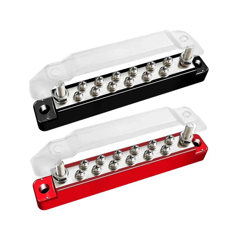 Power Distribution Block Bus Bar with Cover 2 X M6 Terminal Studs12 X M4 Terminal Screws 12V-48V 12 Way Bus Bar Terminal Block