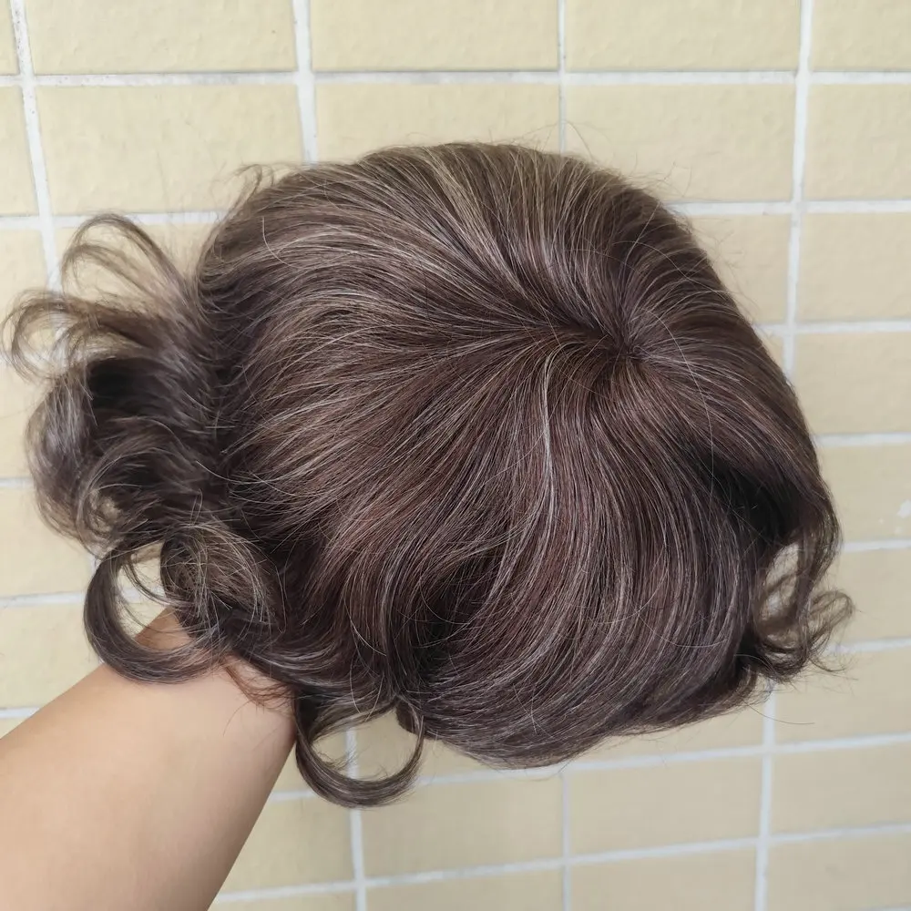 هستونير 8x10" 520 # بني مع 20% شعر رمادي للرجال شعر ريمي هندي بشري شعر مستعار أحادي الدانتيل قطعة شعر يدوية الصنع H005 #3