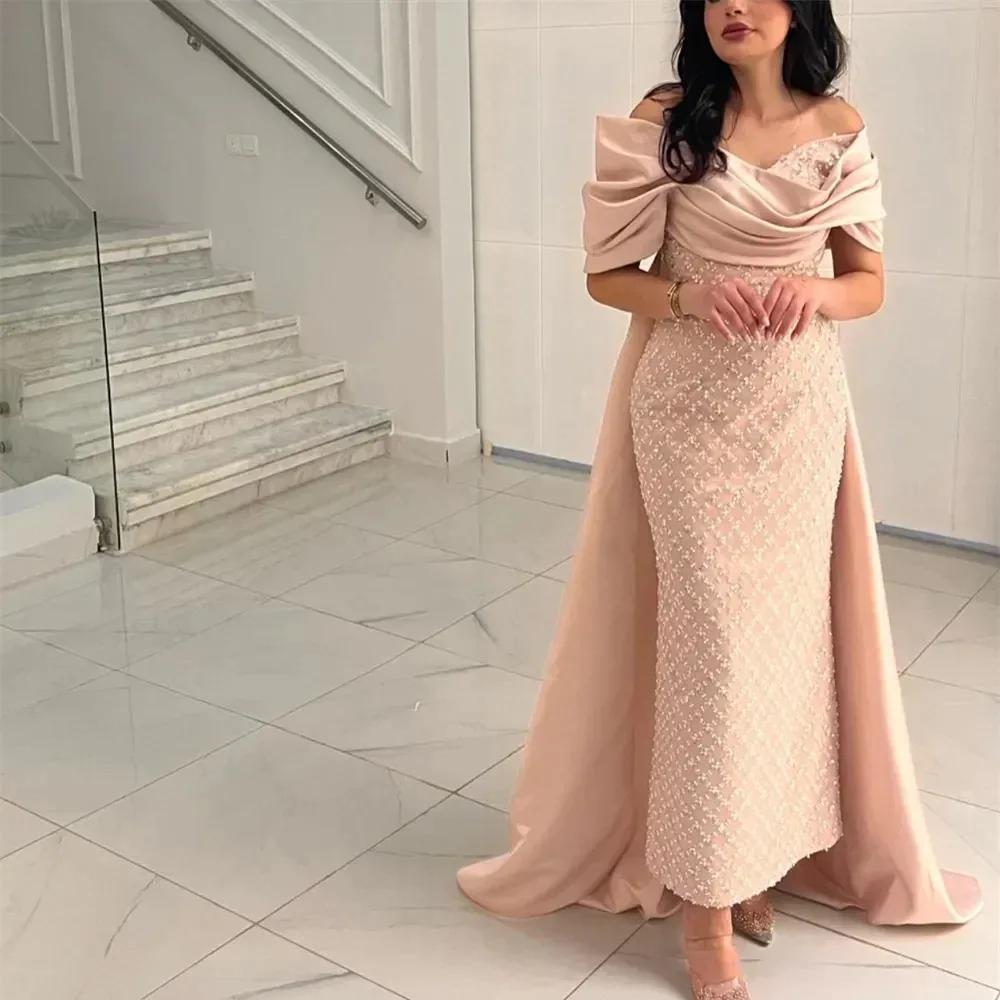 Prom Dresses Pink Sleeveless Sweep Length Formal Women Sequins Evening Gowns Off The Shoulder Saudi Arabia Wedding Party Dress