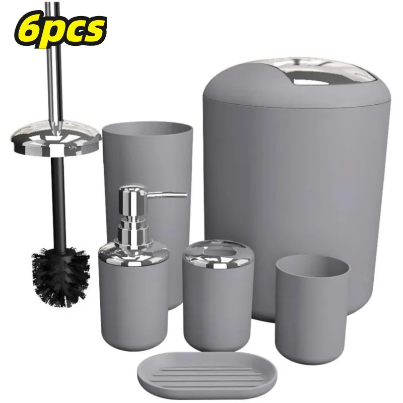 Black Grey 6Pcs Luxury Bathroom Accessories Toothbrush Toothpaste Holder Soap Dish Washing Toilet Brush Set Necessities Kit