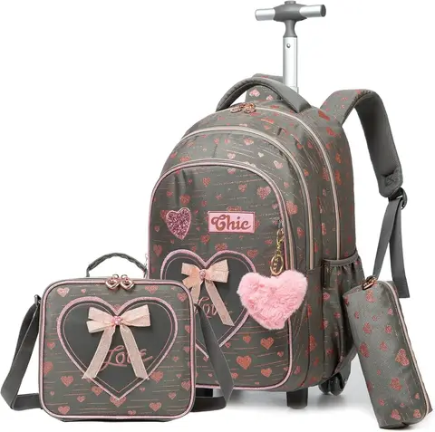 Bunnyfly 3PCS Rolling Backpack for Kids with Wheels Cute Travel School Bookbag for Girls Roller Wheeled Backpack