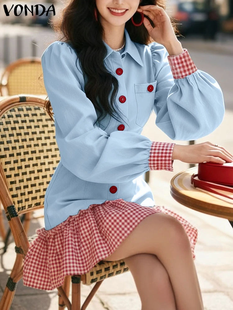 VONDA Elegant Plaid Dress Women Patchwork Ruffled Mini Sundress 2025 Autumn Long Sleeve Buttons Casual Buttons Party Vestidos