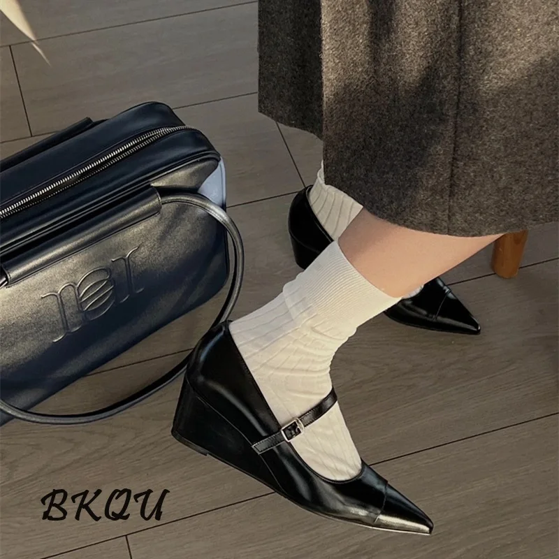 

BKQU French Niche Design One-line Buckle Pointed Wedge Heel Chunky Mary Jane Single Shoes Women New 2024 Spring and Autumn Heels