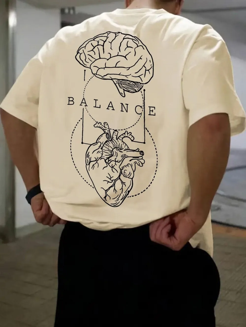 American Men's Summer Fashion Brain Heart Balance Letter Print Comfortable and Breathable Round Neck T-Shirt Outdoor Casual Top