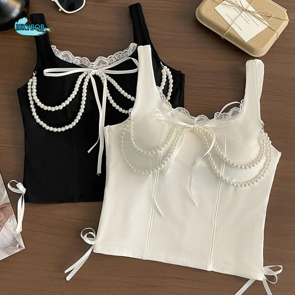 

Fashion Ruffled Edge Skinny Vest Women Bowknot Spicy Girl Style Slim Lace Crop Top Sleeveless Pearl Chain Women Camisole Beach