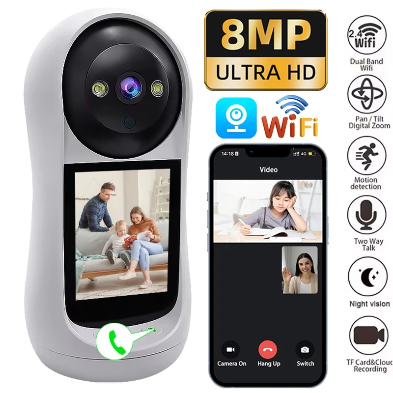 8MP Wifi Camera Video Call with 2.8 Inch IPS Screen Baby Cry Sound Detection Wireless Security IP Camera Baby Monitor V380 APP