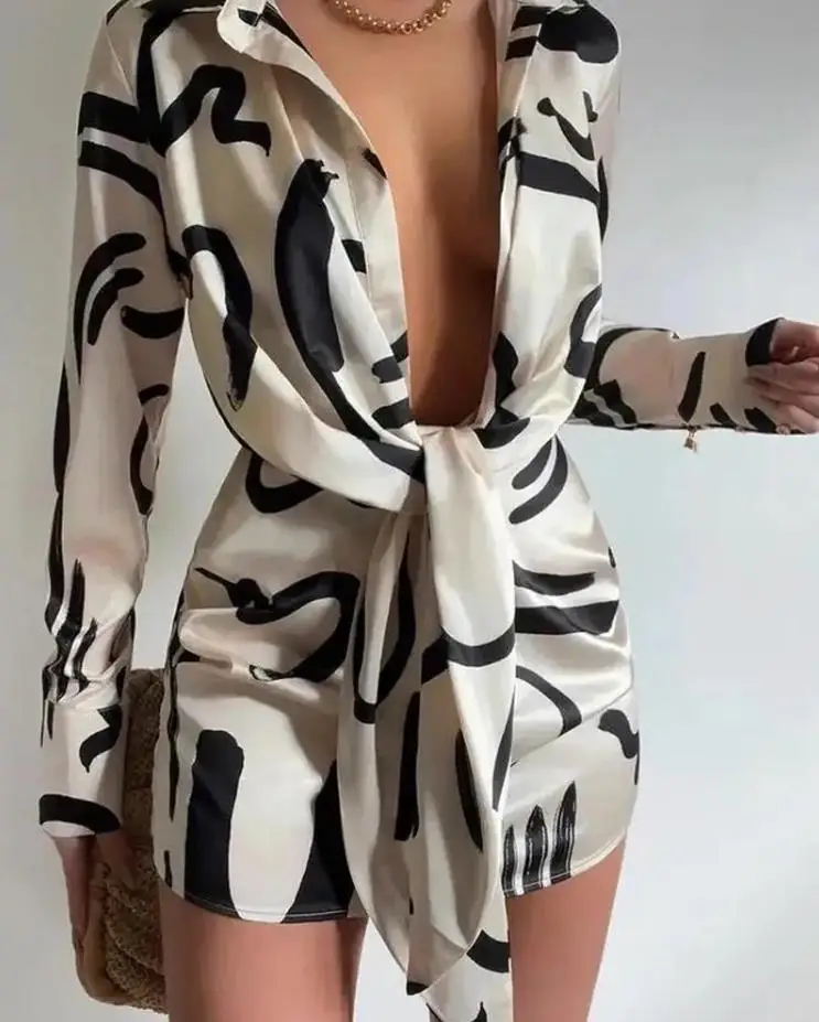 Women's Dress Trendy Elegant Allover Print Turn-down Collar Sexy Low Cut Tied Detail Long Sleeve High Waist Mini Shirt Dress