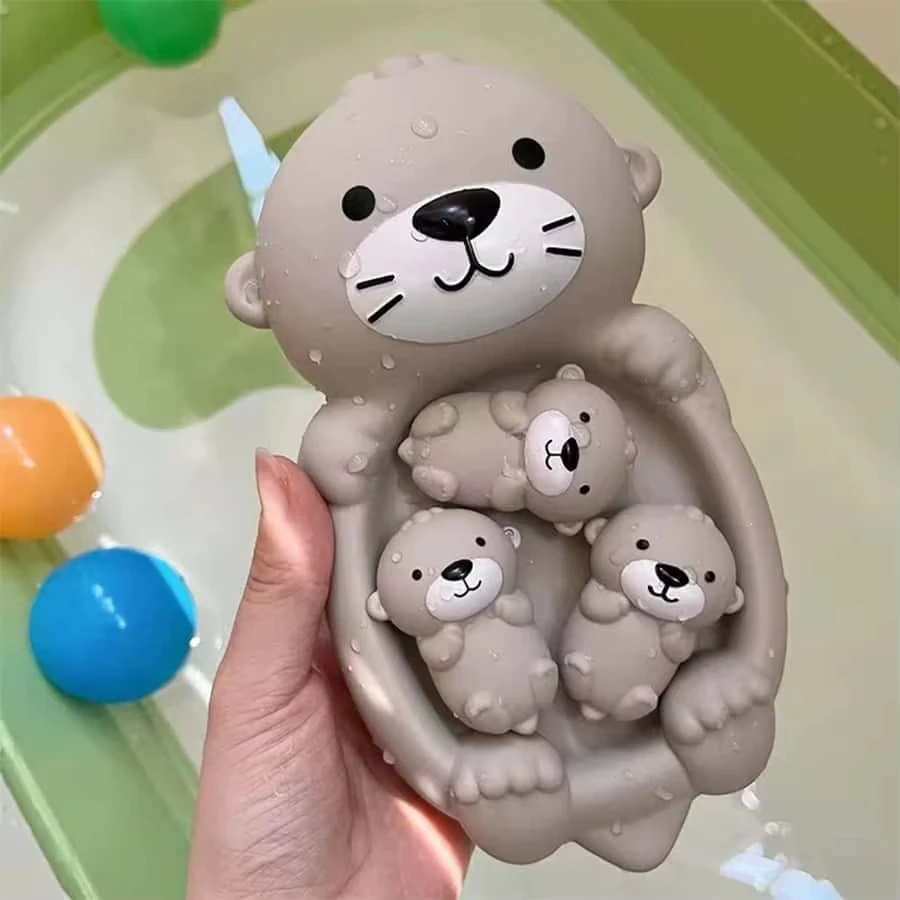 Baby Bath Floating Toys Water Fun Cute Swimming Stroller Silicone Dolls Bathroom Shower Bathtub Animals Toy 1mom and 3 Otters