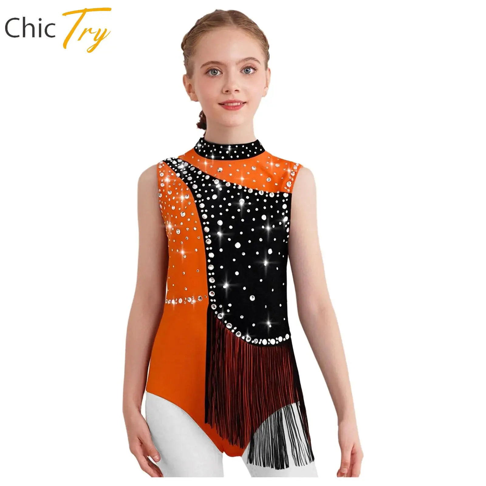 

Kids Girls Ballet Lyrical Modern Dance Costume Glittery Rhinestones Tassels Bodysuit Gymnastics Leotard Figure Skating Dancewear