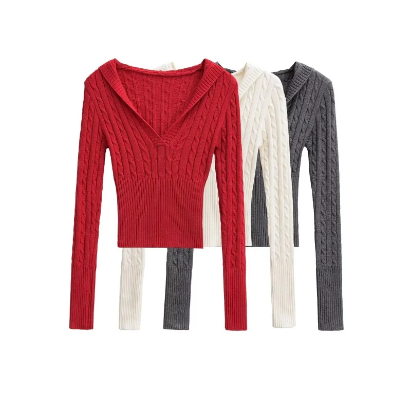 

Cisas витой трикотаж в стиле ретро, облегающий свитер с v-образным вырезом на молнии, топ для пикантных девушек, осенне-зимний новый Sle Commute Faion